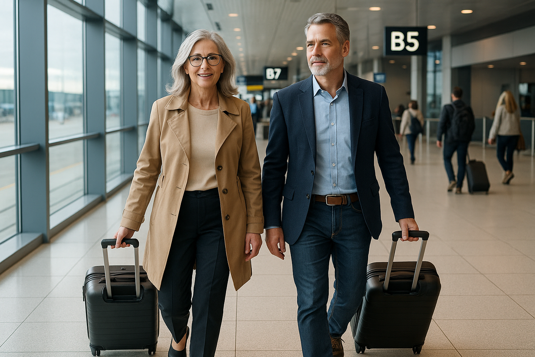 A couple in their 50s smiling and walking through the airport with their trolley bags