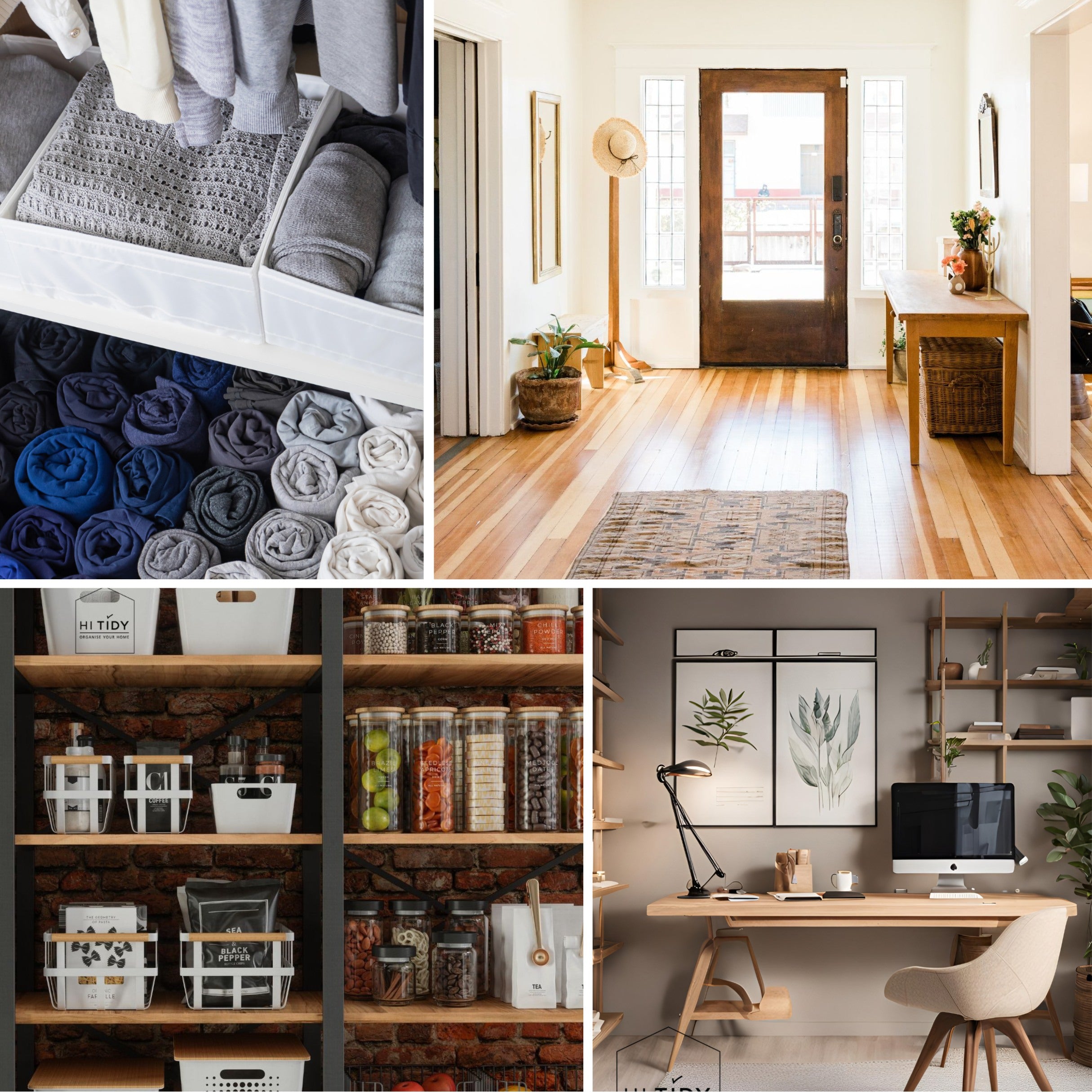 Images of tidy wardrobe, entryway, pantry and home office. Decluttered and organised.